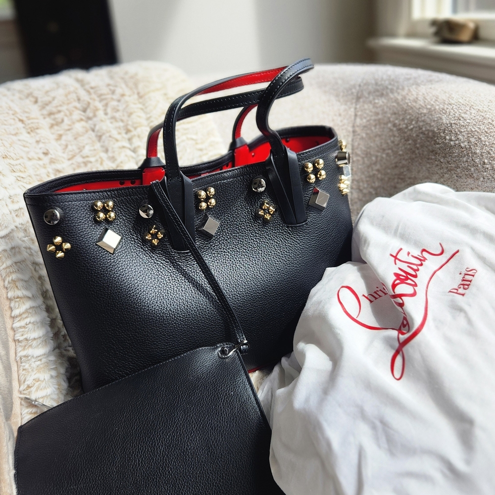Christian Louboutin Black Leather Studded Tote with Red Interior